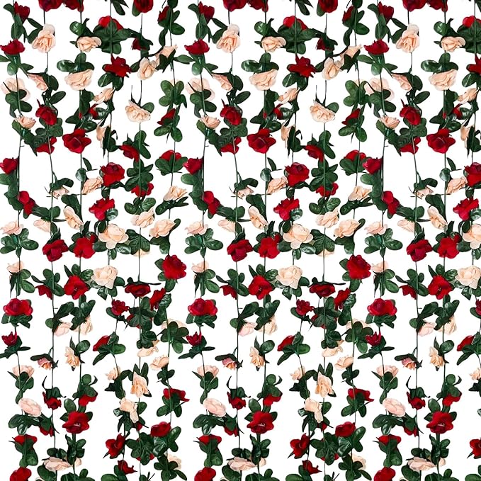 8Pcs 63Ft Burgundy&Champagne Fake Rose Hanging Flowers, Artificial Flower Vine by Tisspoms
