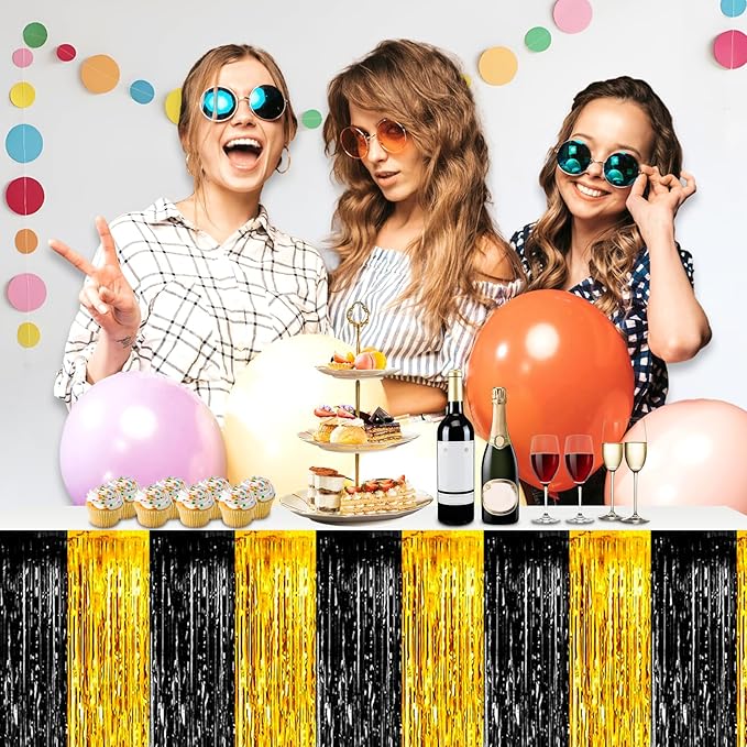 3 Pack 29x108 Inch Black Gold Foil Fringe Table Skirts Metallic Banner - Image 4
