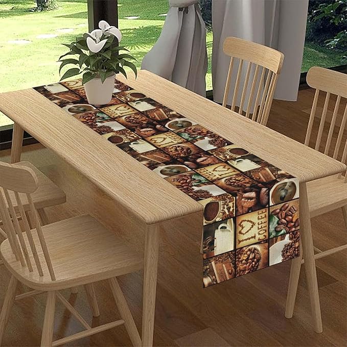 Coffee Theme Table Runner, Retro Farmhouse Coffee Cup Latte Cappuccino Tea - Image 3