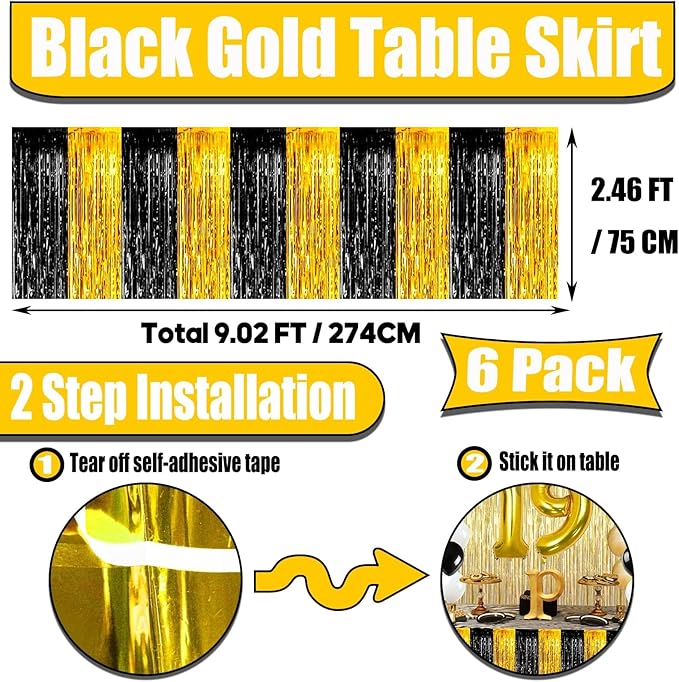 6 Pack 29x108 Inch Black Gold Metallic Foil Fringe Tinsel Table Skirts - Image 2