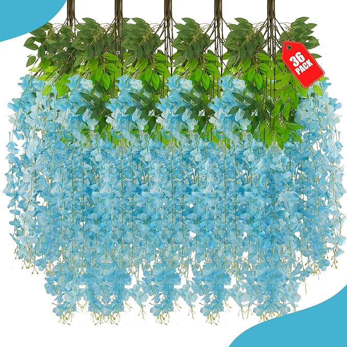 36 Pack Blue Wisteria Hanging Flowers, 3.44 Ft Fake Hanging Flowers, Artificial by ZEBMOON