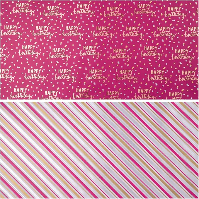 LeZakaa Reversible Pink Birthday Wrapping Paper Roll - Image 7