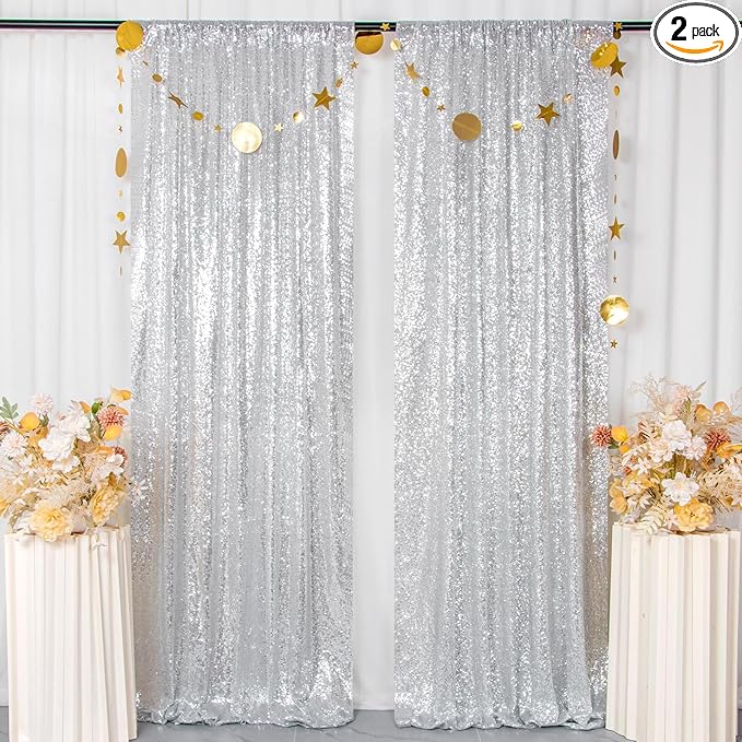 ShiDianYi Sequin Backdrop Silver 2 Panels 4FTx10FT Backdrops by ShiDianYi