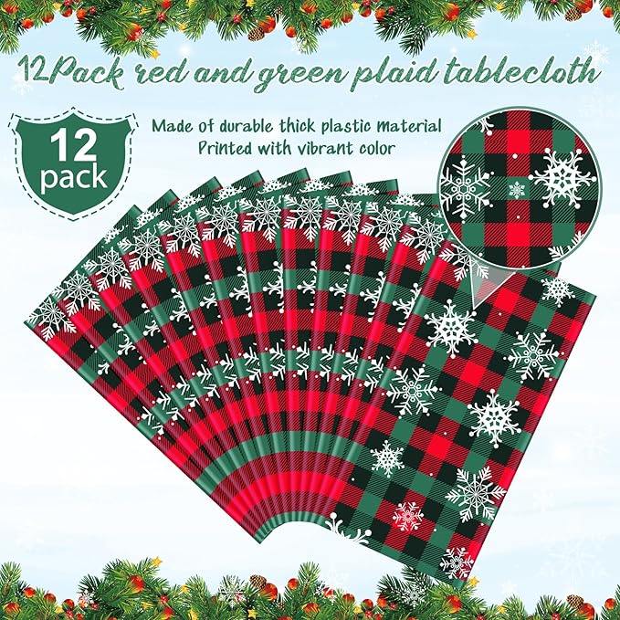 12Pcs Christmas Buffalo Plaid Snowflake Party Tablecloths Decorations, Plastic - Image 4