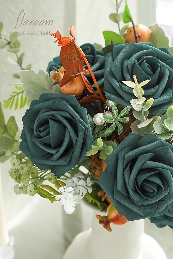 Floroom Artificial Flowers 25pcs Real Looking Peacock Green Foam Fake Roses - Image 4