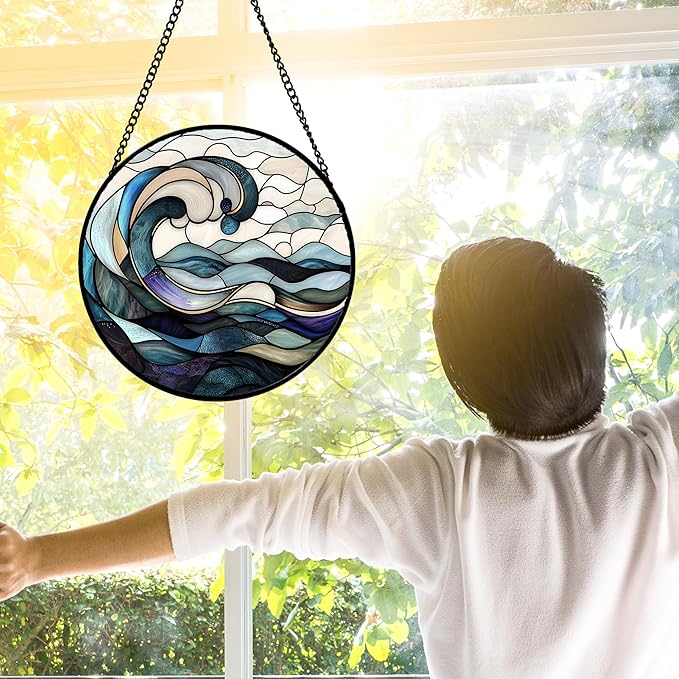 Stained Glass Window Hanging, Ocean Waves Sun Catchers Diamond Glass Panel - Image 4