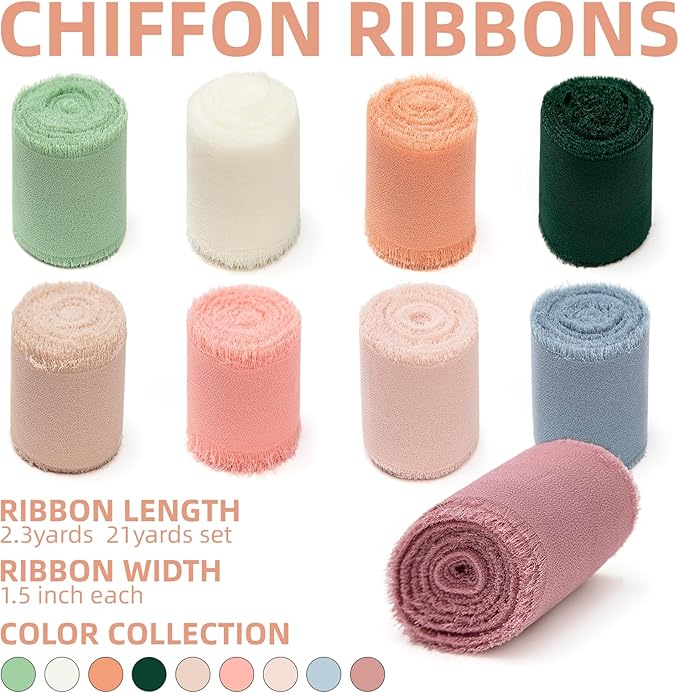 9 Rolls Multicolour Handmade Chiffon Ribbon, 1.5" x 21Yd Frayed Fringe Silk - Image 2