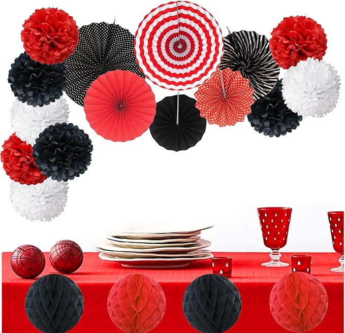 Hanging Paper Fan Set, Tissue Paper Pom Poms Flower Fan and Honeycomb Balls - Image 4