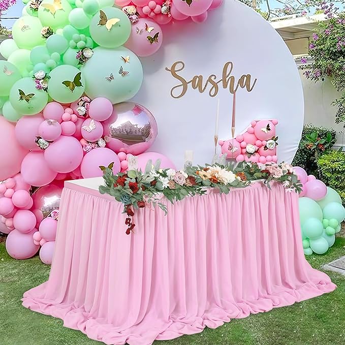 QueenDream Pink Sheer Table Skirts 14ft Chiffon Tablecloth - Image 7