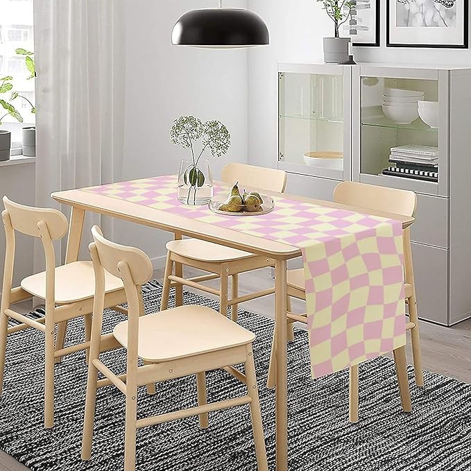 Hippie Table Runner Retro Geometric Square Purple Grid 60s70s Style Kitchen - Image 3