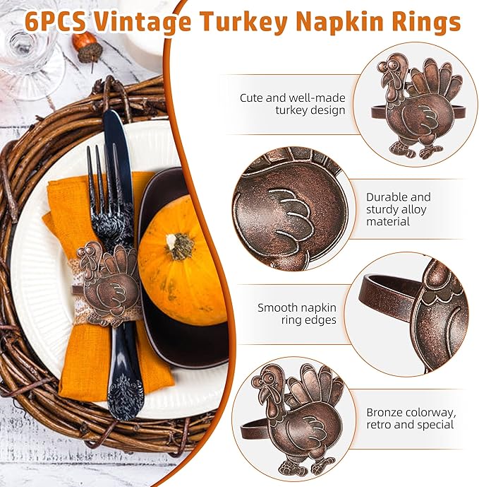 Halatool Thanksgiving Bronze Turkey Napkin Rings Set of 6, Funny Metal Festival - Image 5