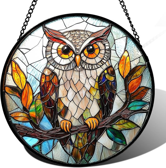 Stained Glass Window Hanging, Owl Colorful Leaves Birds Sun Catchers Diamond by DASTOLL