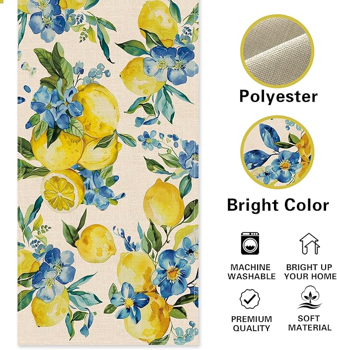 Lemon Blue Flower Dining Table Runner, Spring Summer Fruit Floral Burlap - Image 3