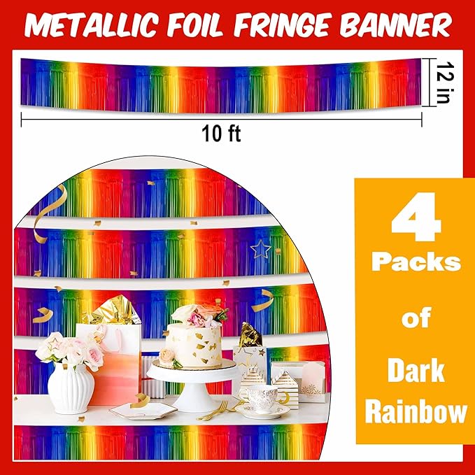4 Pack 10 Ft Dark Rainbow Foil Fringe Garland Metallic Streamers Tinsel Banner - Image 2