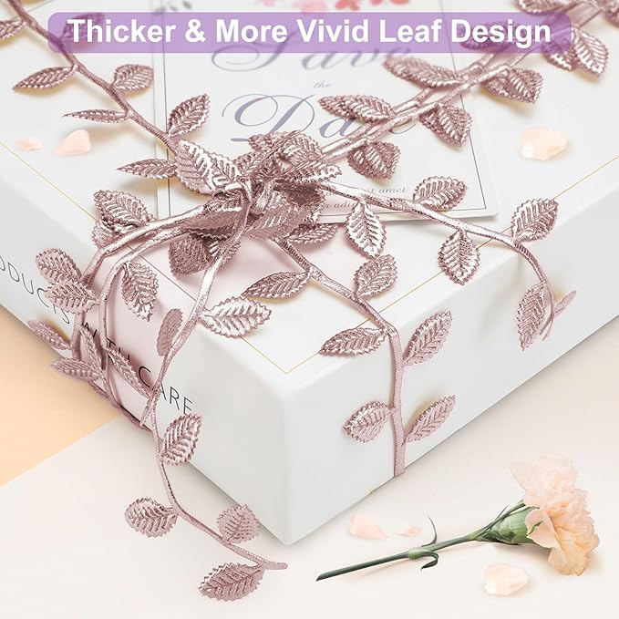 Naidiler Rose Gold Leaf Ribbon, Artificial Vines Leaves String Trim Ribbon Wild - Image 3