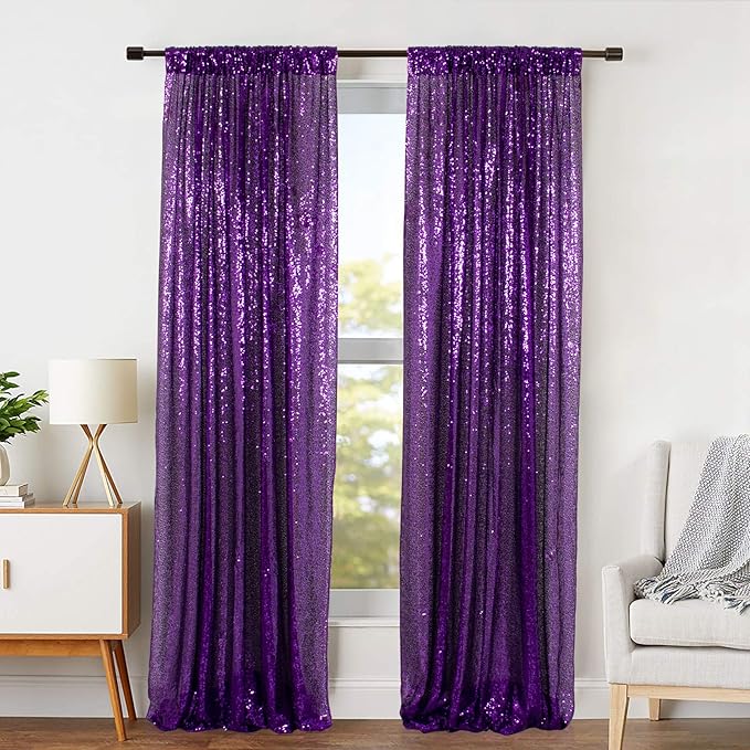 ShinyBeauty 4 Panels Purple Sequin Curtains | 2Ft x 8Ft Sparkle Photo Backdrop - Image 7