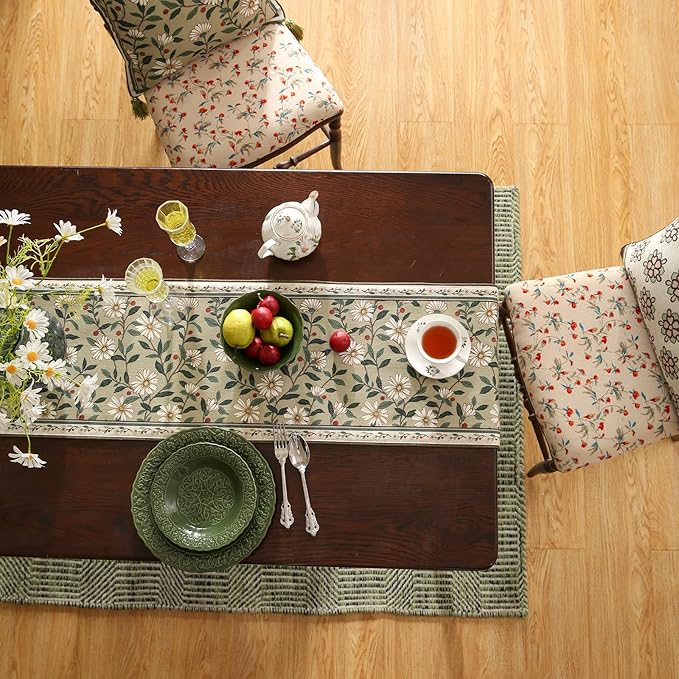 ISAENNE Designer Green Elegant Linen Table Runner 102 Inches Long, Flower and - Image 6