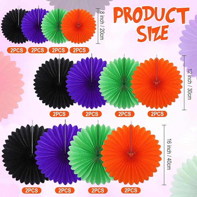 MotiMind 24 Pcs Halloween Paper Fans Party Decorations Black Orange Purple - Image 2