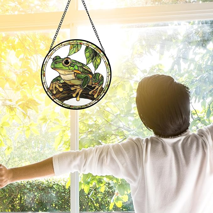 Stained Glass Window Hanging, Frog Green Leaf Sun Catchers Colorful Glass Panel - Image 2