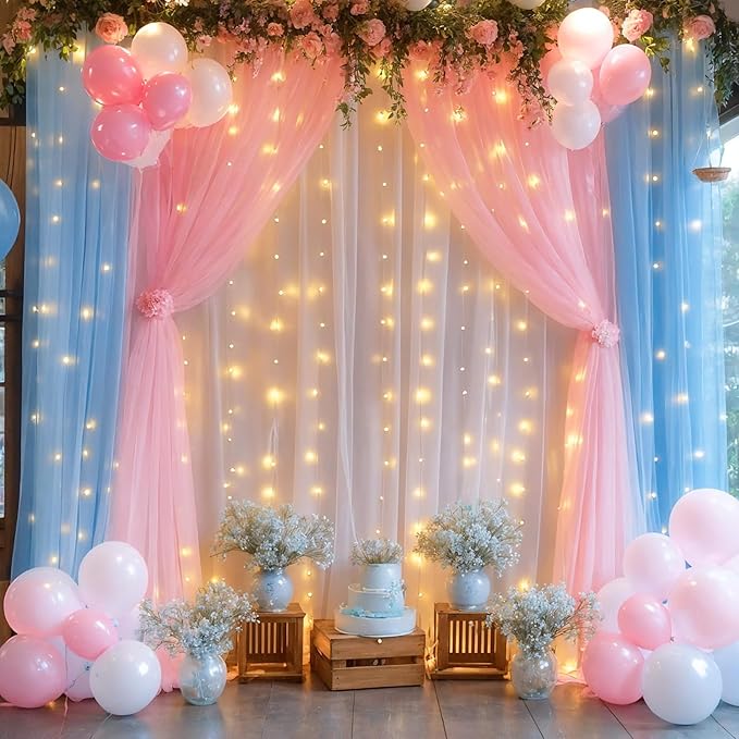 Pink Blue Sheer Tulle Backdrop Curtains - Image 4