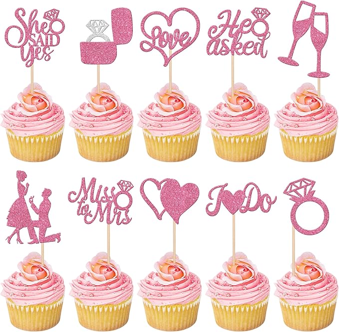 30 PCS He Asked She Said Yes Cupcake Toppers Glitter Engagement Cupcake Toppers by ZHUOWEISM