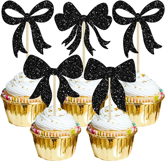 Gyufise 36Pcs Bow Cupcake Toppers Glitter Girls Birthday Decorations Bowknot by Gyufise