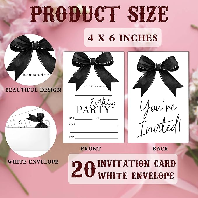 SIXEIGHT Black Bow Birthday Invitations, 20 Party Invitations - Image 2