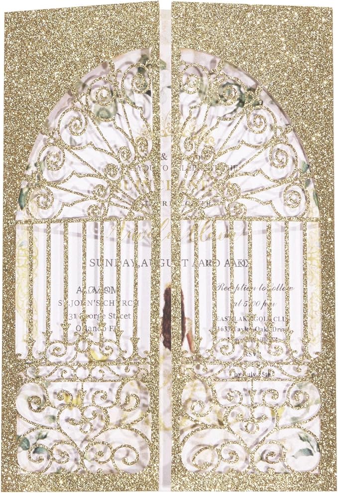 25Pcs Light Gold Glitter Laser Cut Wedding Invitation Kits by HomeKitchen