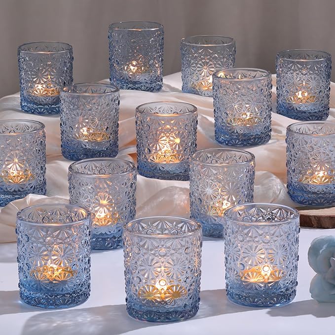 Blue Votive Candle Holder Set of 36, Flower Tea Lights Candles Holders by Lanttu