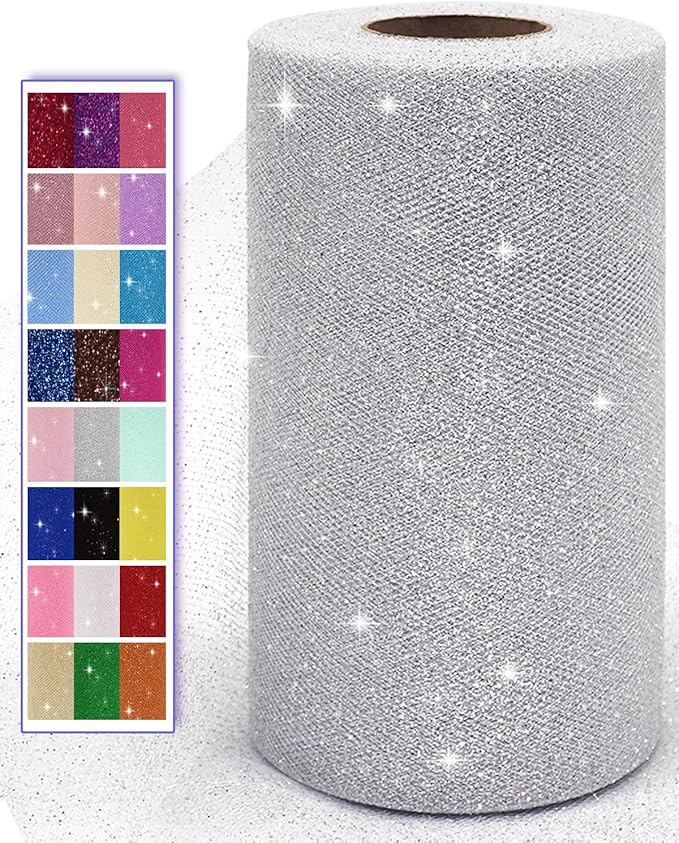 Glitter Tulle Fabric Rolls, 6 Inch 50 Yards Sparkling Spool Ribbon Sequin by AblemeDeco