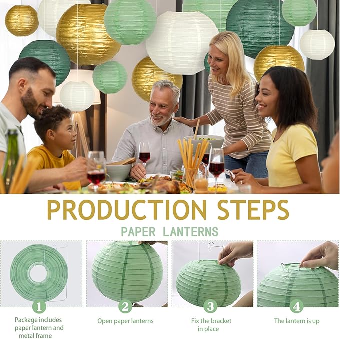 ADLKGG Sage Green Gold Paper Lanterns Decorative, Round Hanging Paper Lanterns - Image 6