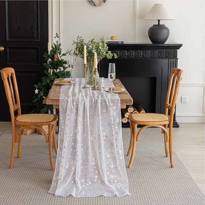 Silvery Snowflake Metallic Print Tulle Christmas Table Runner, Seasonal Winter - Image 9