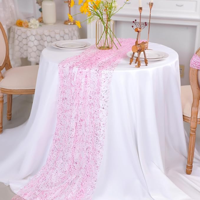 Snowkingdom 10 FT Pink Table Runner, Sequin Glitter Sheer Chiffon Gauze - Image 7