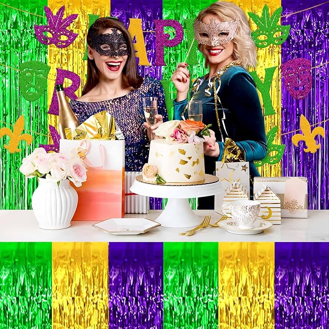 3 Pack 29 x108 Inch Gold Green Purple Foil Fringe Table Skirts Metallic Banner - Image 6