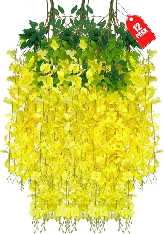 12 Pack Yellow Wisteria Hanging Flowers, 3.44 Ft Fake Hanging Flowers, by ZEBMOON