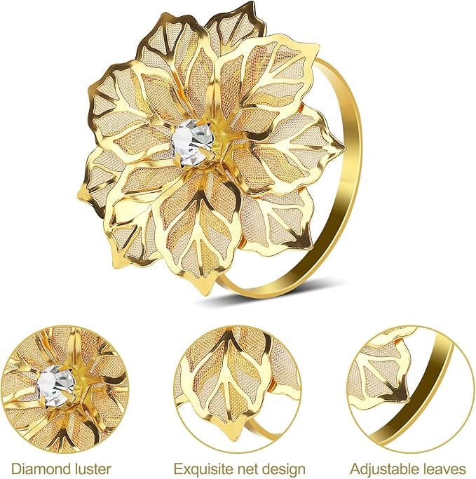 KPOSIYA Flower Napkin Rings Holder Metal Gold Napkin Rings Set of 12 - Image 5