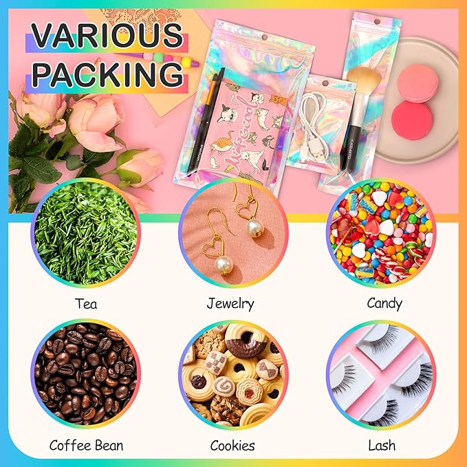 Funfery 100 Pack Smell Proof Holographic Bags Clear Window Resealable Bags - Image 5