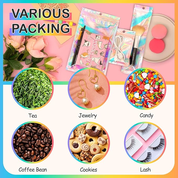 Funfery 100 pcs Mylar Holographic Bags Clear Resealable Baggies, Foil Baggy - Image 5