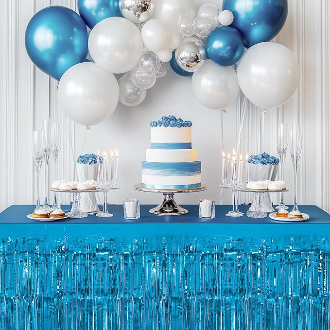 4 Pack Lake Blue Table Skirts, 29x108" Metallic Foil Tinsel Fringe Table Skirts - Image 5