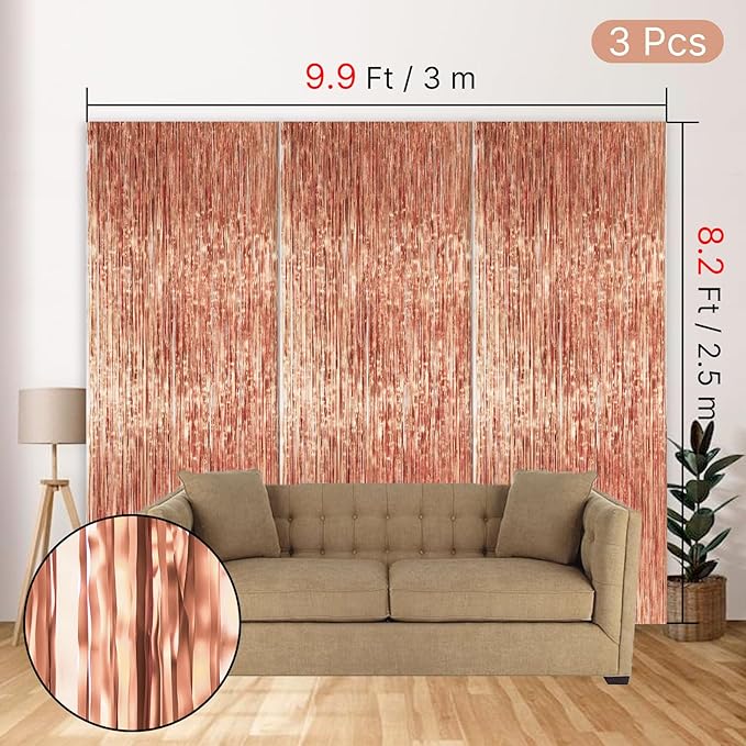PartyWoo Rose Gold Curtains Backdrop Streamers 3pcs 8.2ft Rose Gold Foil Fringe - Image 4