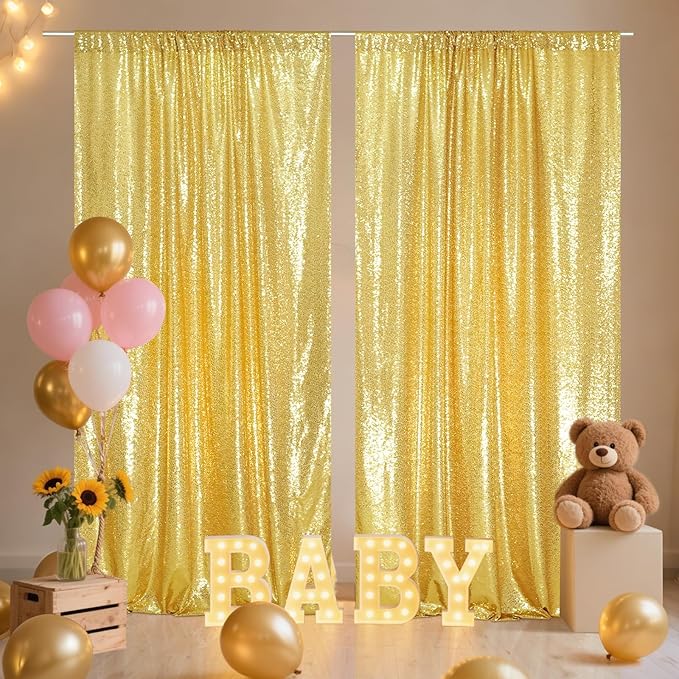SquarePie Sequin Backdrop Curtain 8FT x 10FT Gold Satin Backing Fabric - Image 2