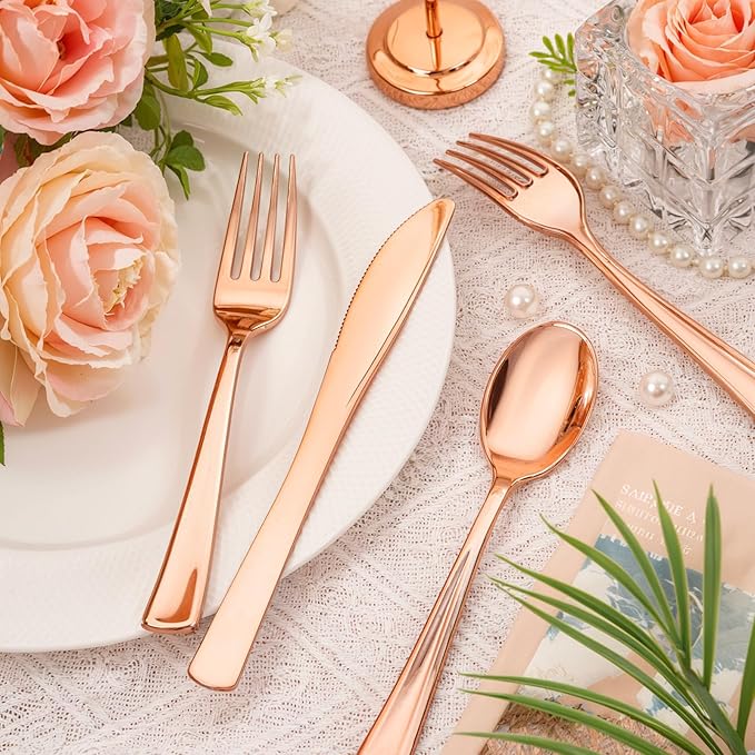 bUCLA 600PCS Rose Gold Plastic Silverware Set - Image 8