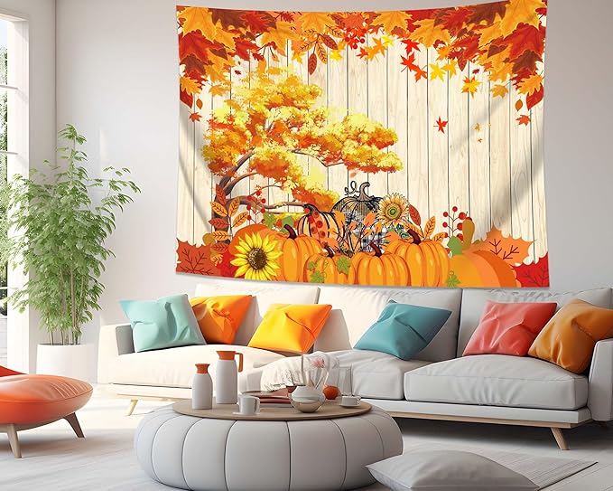 QGHOT Fall Tapestry Wall Hanging Autumn Photo Backdrop Rustic Orange Wood - Image 4