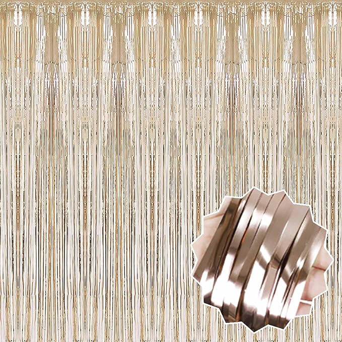 6 Pack Champagne Gold Foil Fringe Curtains Backdrop, 3.28 x 8.2 Ft Metallic by LANTIANCHEN