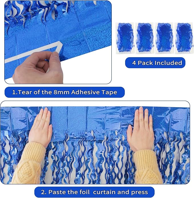 4 Pack 3.3 ft x 6.6 Wavy Sparkle Dark Blue Foil Fringe Backdrop Curtain - Image 3