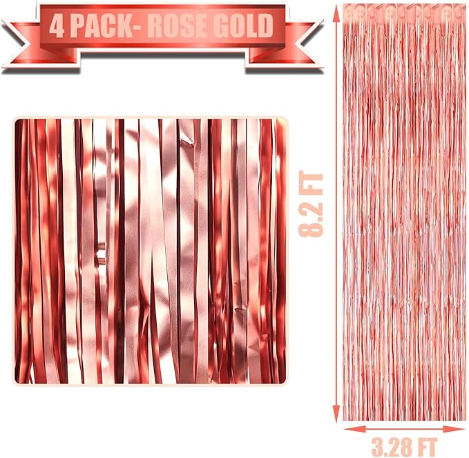 4 Pack Rose Gold Foil Fringe Curtain Backdrop, 3.28Ft x 8.2Ft Metallic Tinsel - Image 2