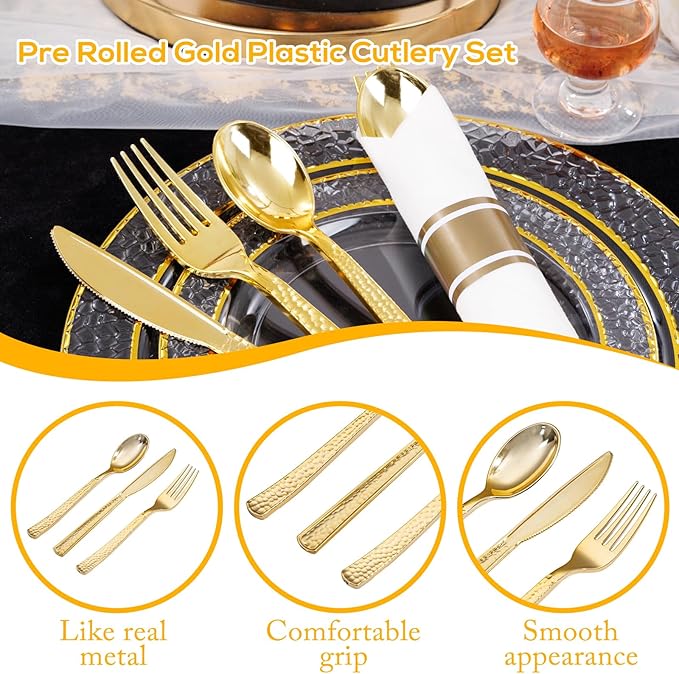 400PCS Pre Rolled Gold Plastic Silverware Sets - Image 3