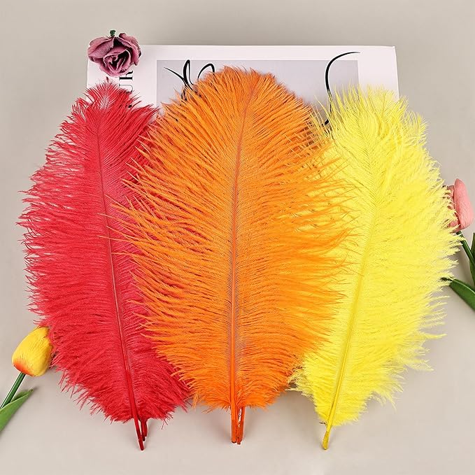 THARAHT Red Orange Yellow Ostrich Feathers 12pcs Natural Bulk 8-10Inch 20cm-25cm - Image 4