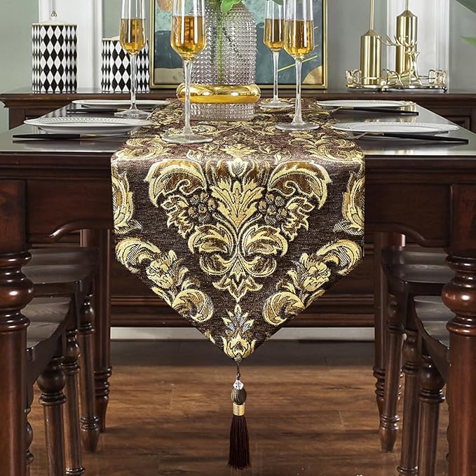 Sophisticated Jacquard Dark Brown Chenille Table Runner - Image 7