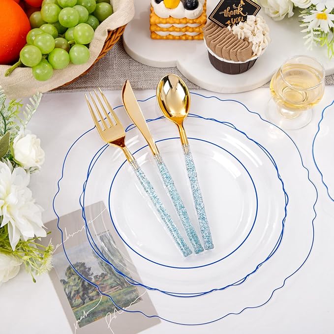 Liacere 150PCS Clear and Blue Plastic Plates-Clear and Blue Disposable Plates - Image 2